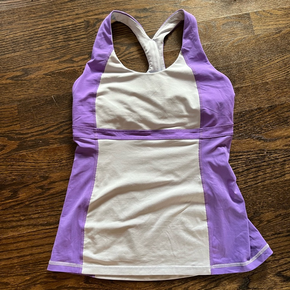 Lululemon grey and purple racerback tank with built in shelf bra size 6.